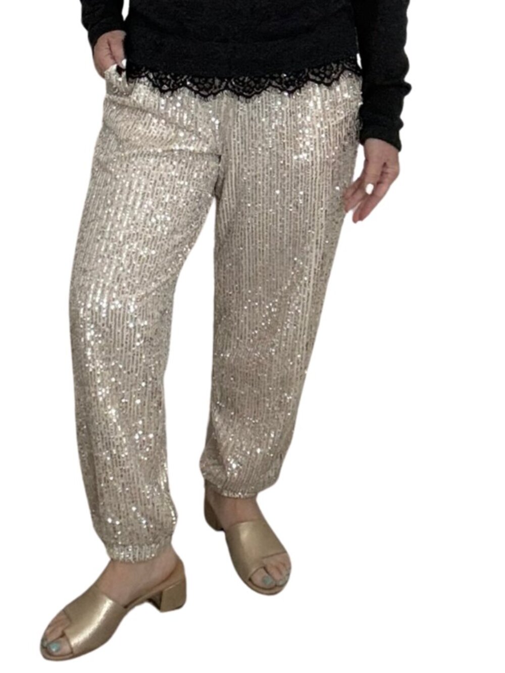 Loft Sequin Jogger Pants Cream Womens Pants Sz Medium Holiday Party Dressy - Picture 2 of 10